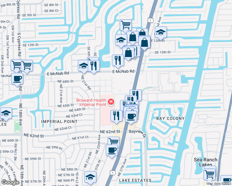 map of restaurants, bars, coffee shops, grocery stores, and more near 23 Northeast 22nd Way in Fort Lauderdale