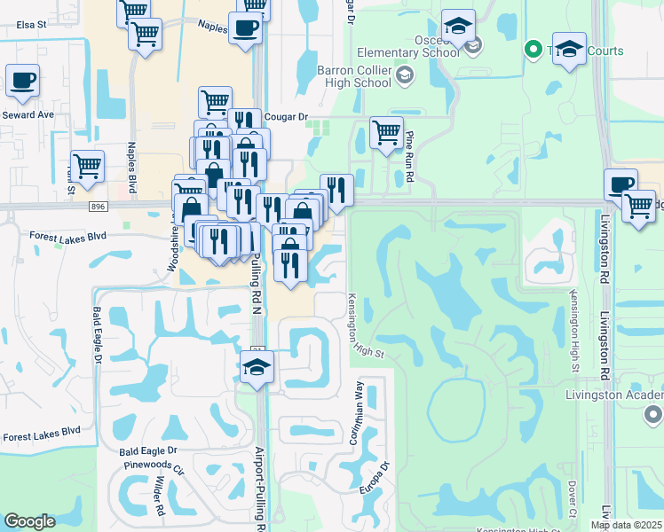 map of restaurants, bars, coffee shops, grocery stores, and more near 5050 Blauvelt Way in Naples