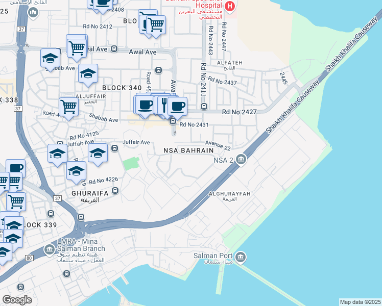 map of restaurants, bars, coffee shops, grocery stores, and more near in Manama