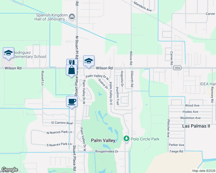 map of restaurants, bars, coffee shops, grocery stores, and more near 1809 Palm Valley Drive East in Harlingen