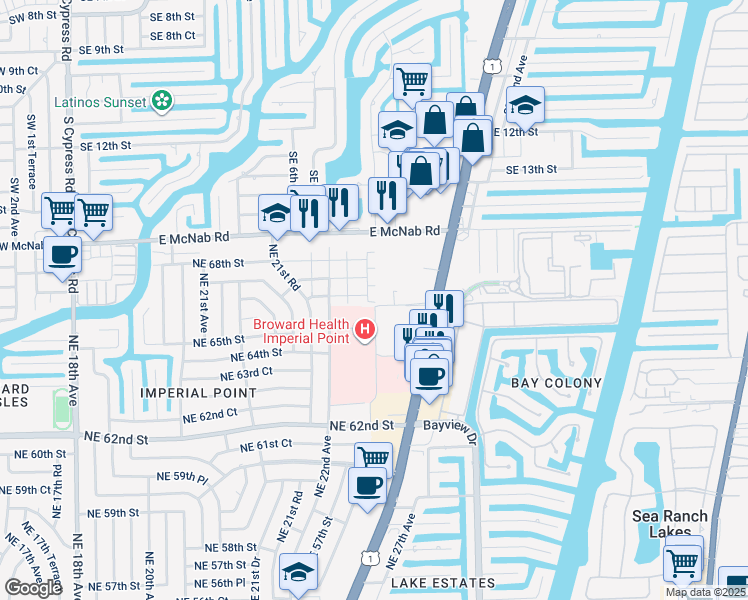 map of restaurants, bars, coffee shops, grocery stores, and more near 23 Northeast 22nd Way in Fort Lauderdale