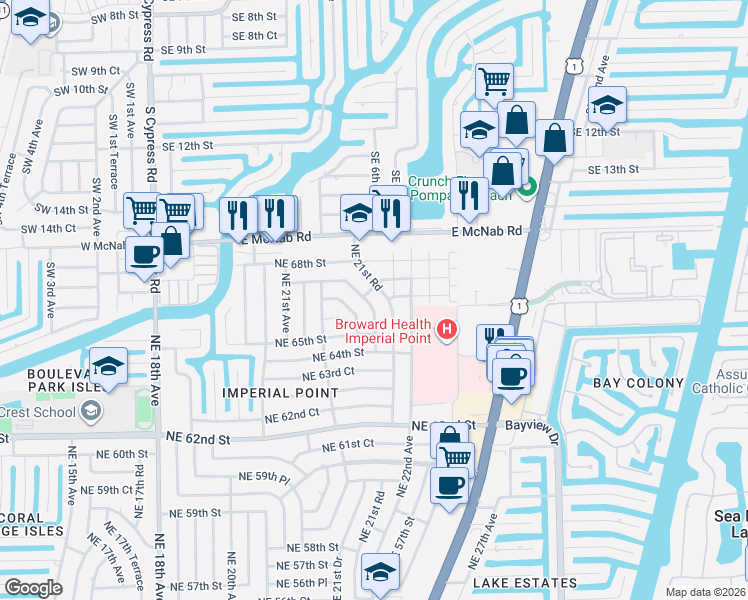 map of restaurants, bars, coffee shops, grocery stores, and more near 2156 Northeast 67th Street in Fort Lauderdale