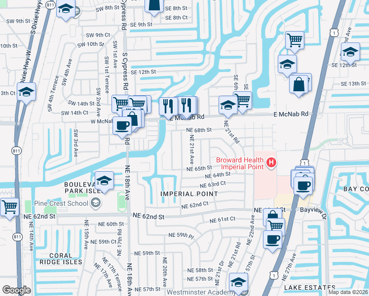map of restaurants, bars, coffee shops, grocery stores, and more near 6630 Northeast 20th Way in Fort Lauderdale