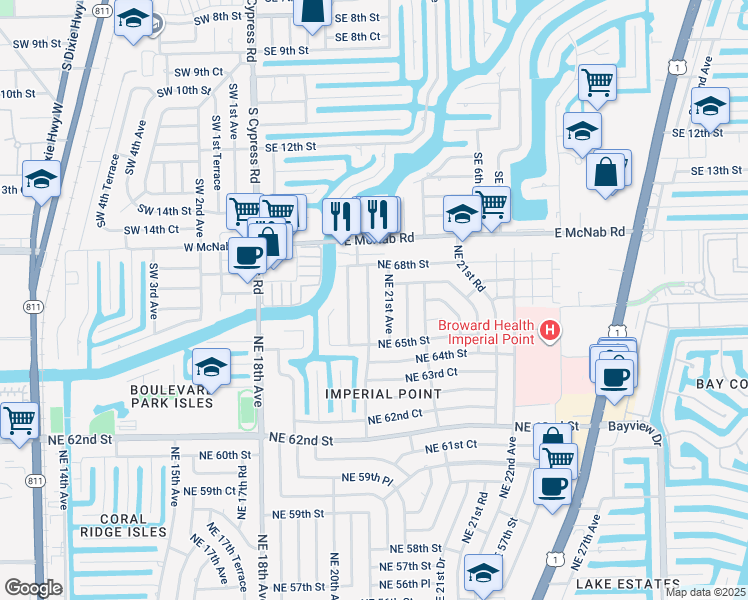map of restaurants, bars, coffee shops, grocery stores, and more near 6630 Northeast 20th Way in Fort Lauderdale