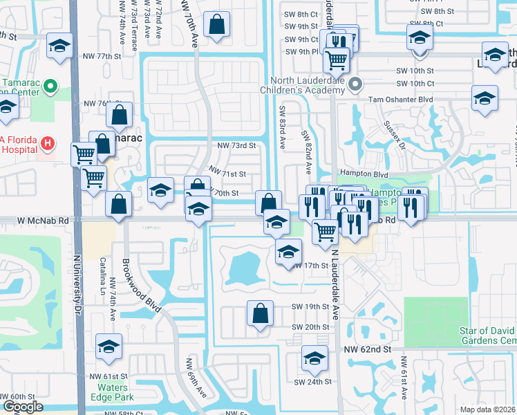 map of restaurants, bars, coffee shops, grocery stores, and more near 6745 Northwest 69th Court in Pompano Beach