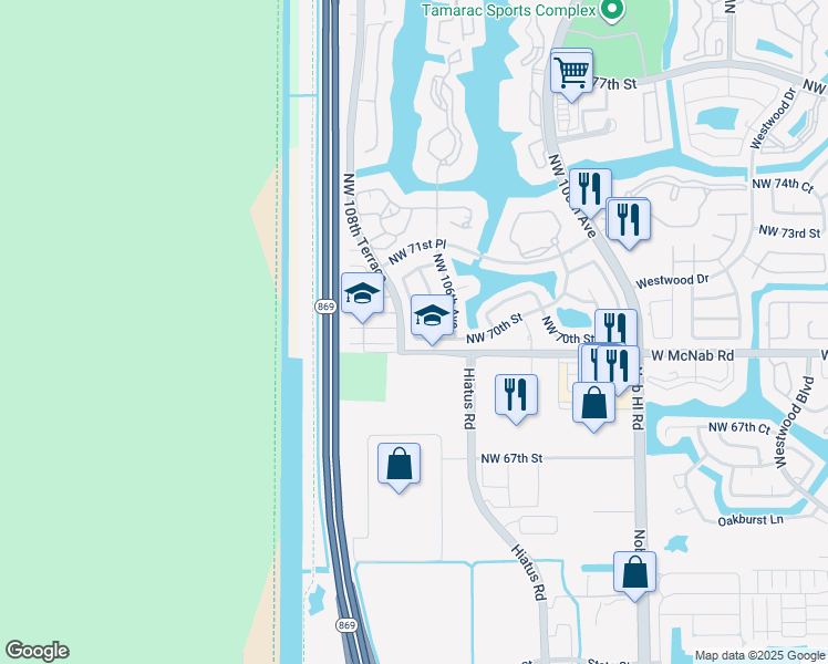 map of restaurants, bars, coffee shops, grocery stores, and more near 7025 Northwest 108th Avenue in Tamarac