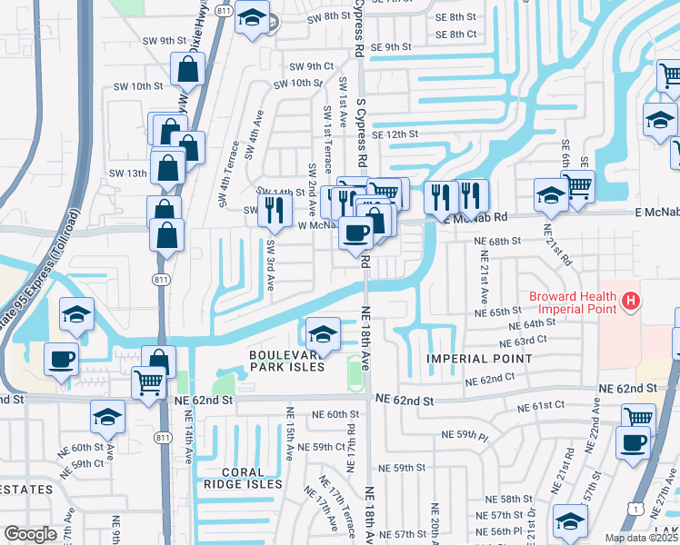 map of restaurants, bars, coffee shops, grocery stores, and more near 101 Southwest 17th Street in Pompano Beach