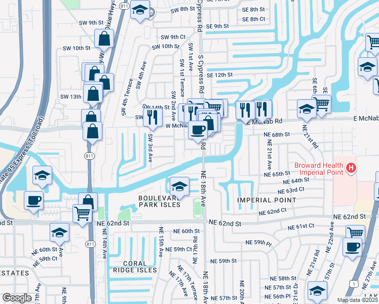 map of restaurants, bars, coffee shops, grocery stores, and more near 101 Southwest 17th Street in Pompano Beach
