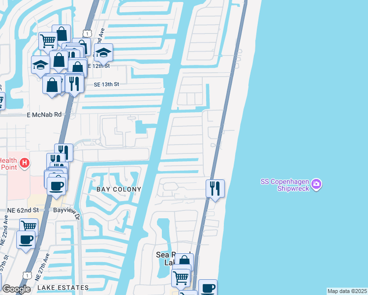 map of restaurants, bars, coffee shops, grocery stores, and more near 1973 Sailfish Place in Pompano Beach
