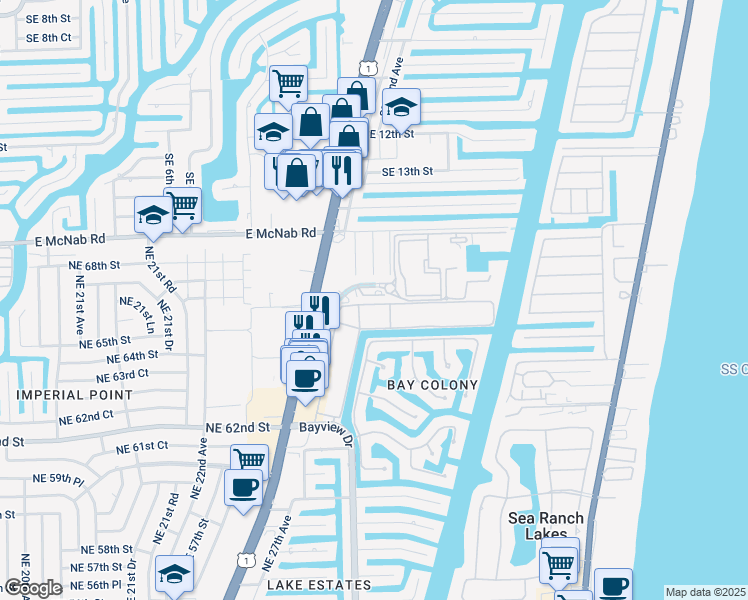 map of restaurants, bars, coffee shops, grocery stores, and more near 1571 Southeast 24th Terrace in Pompano Beach