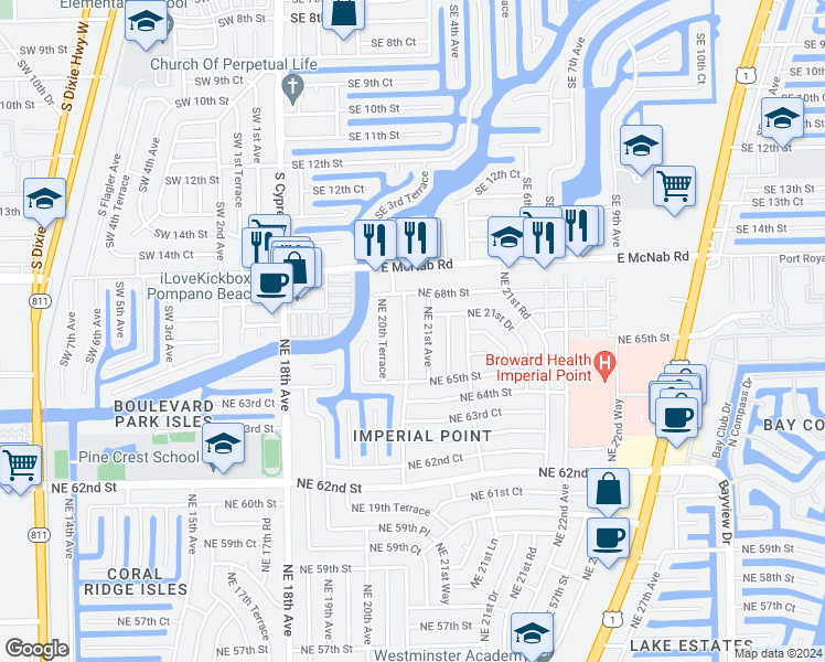map of restaurants, bars, coffee shops, grocery stores, and more near 6630 Northeast 20th Way in Fort Lauderdale