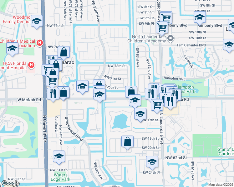map of restaurants, bars, coffee shops, grocery stores, and more near 6712 Northwest 70th Street in Tamarac