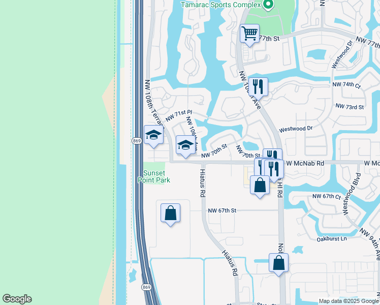 map of restaurants, bars, coffee shops, grocery stores, and more near 7019 Northwest 106th Avenue in Tamarac