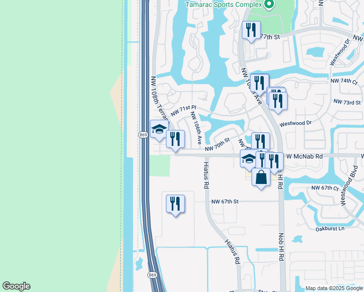 map of restaurants, bars, coffee shops, grocery stores, and more near 7025 Northwest 108th Avenue in Tamarac