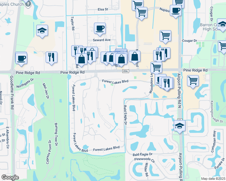 map of restaurants, bars, coffee shops, grocery stores, and more near 100 Forest Lakes Boulevard in Naples
