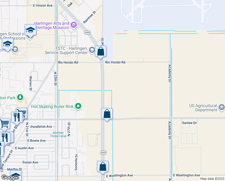 map of restaurants, bars, coffee shops, grocery stores, and more near 21 North Loop 499 in Harlingen