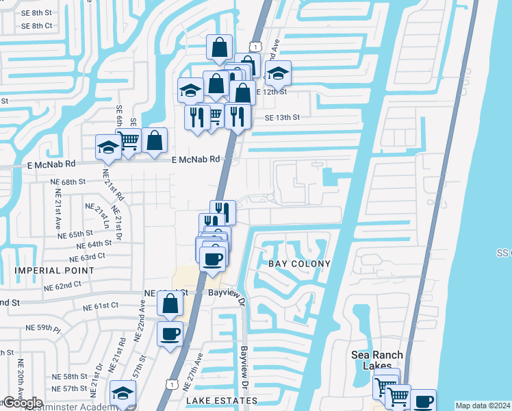 map of restaurants, bars, coffee shops, grocery stores, and more near 2918 Port Royale Lane South in Fort Lauderdale