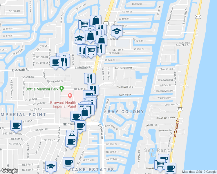 map of restaurants, bars, coffee shops, grocery stores, and more near 6604 North Federal Highway in Fort Lauderdale
