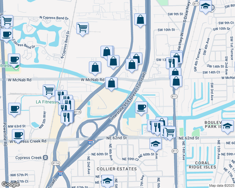 map of restaurants, bars, coffee shops, grocery stores, and more near 6750 North Andrews Avenue in Fort Lauderdale