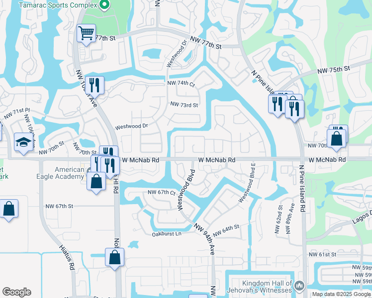 map of restaurants, bars, coffee shops, grocery stores, and more near 7008 Northwest 95th Avenue in Tamarac
