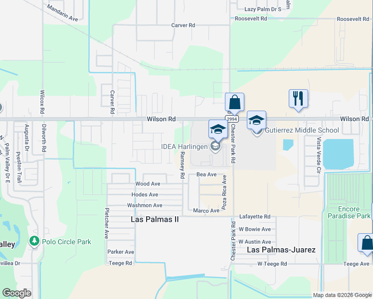 map of restaurants, bars, coffee shops, grocery stores, and more near 24171 Ramsey Road in Harlingen