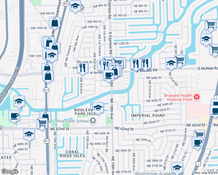 map of restaurants, bars, coffee shops, grocery stores, and more near 101 Southwest 17th Street in Pompano Beach