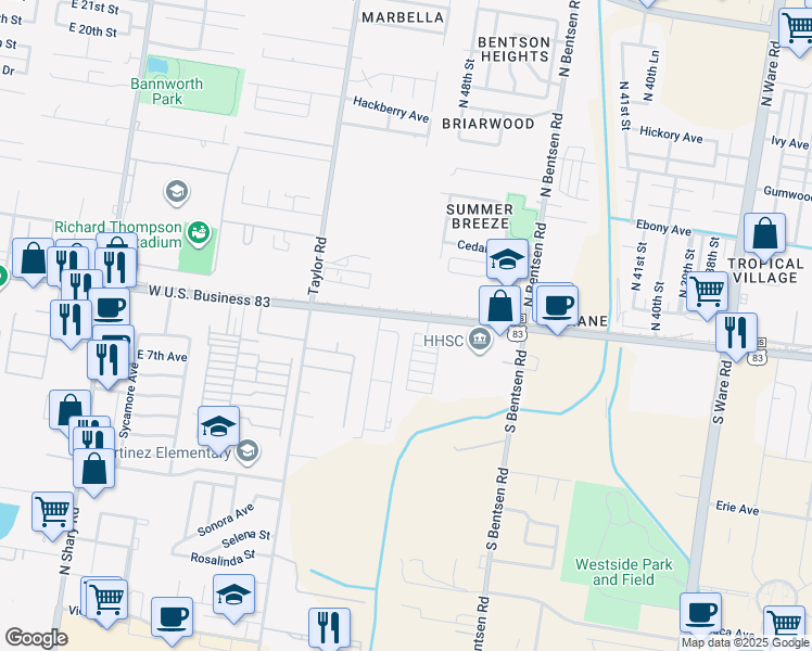 map of restaurants, bars, coffee shops, grocery stores, and more near 105 South 48th Lane in McAllen