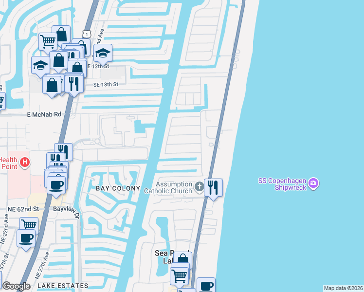 map of restaurants, bars, coffee shops, grocery stores, and more near 1973 Sailfish Place in Pompano Beach