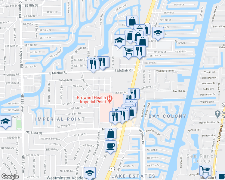 map of restaurants, bars, coffee shops, grocery stores, and more near 23 Northeast 22nd Way in Fort Lauderdale
