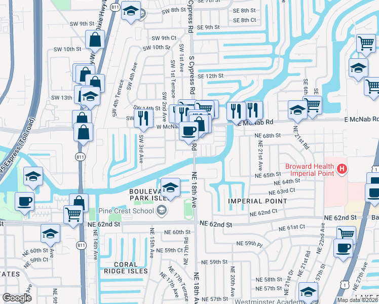 map of restaurants, bars, coffee shops, grocery stores, and more near 101 Southwest 17th Street in Pompano Beach