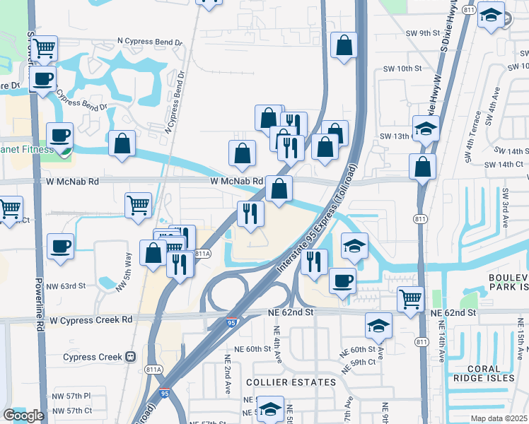 map of restaurants, bars, coffee shops, grocery stores, and more near 6700 North Andrews Avenue in Fort Lauderdale