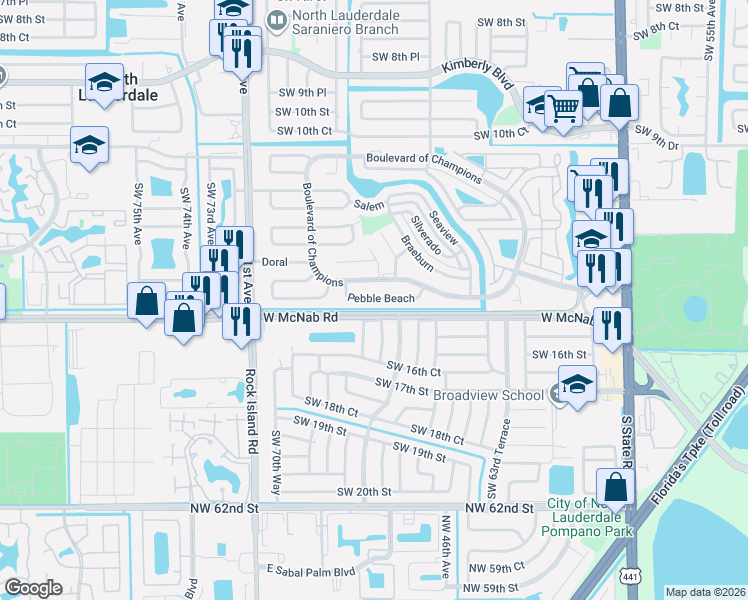 map of restaurants, bars, coffee shops, grocery stores, and more near 6616 Boulevard of Champions in North Lauderdale