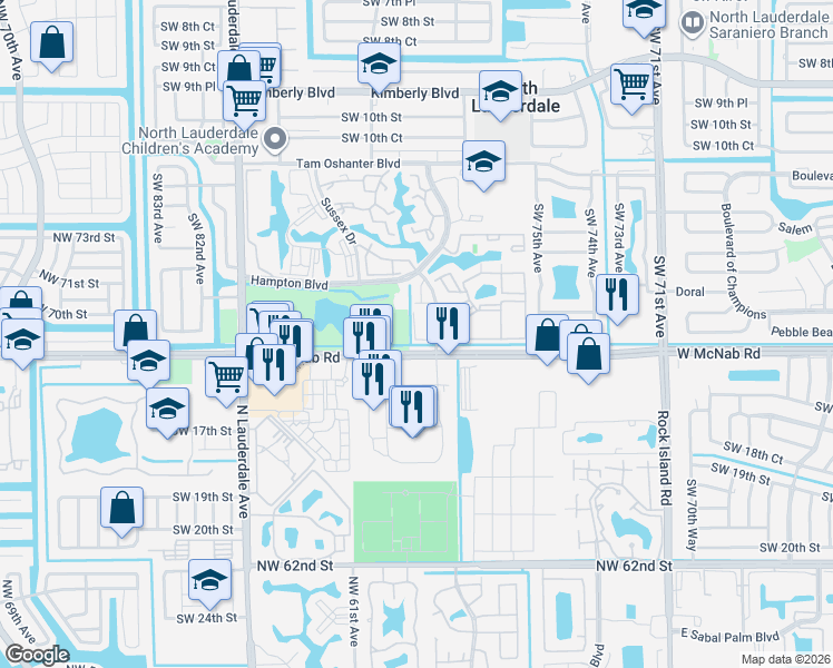 map of restaurants, bars, coffee shops, grocery stores, and more near 13 Avon Lane in North Lauderdale