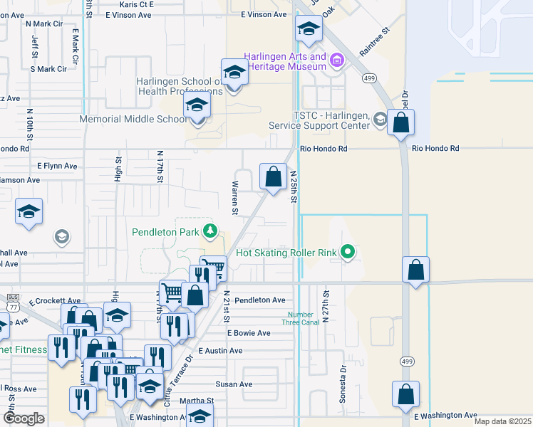 map of restaurants, bars, coffee shops, grocery stores, and more near 1711 North 25th Street in Harlingen