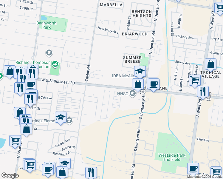 map of restaurants, bars, coffee shops, grocery stores, and more near 105 South 48th Lane in McAllen
