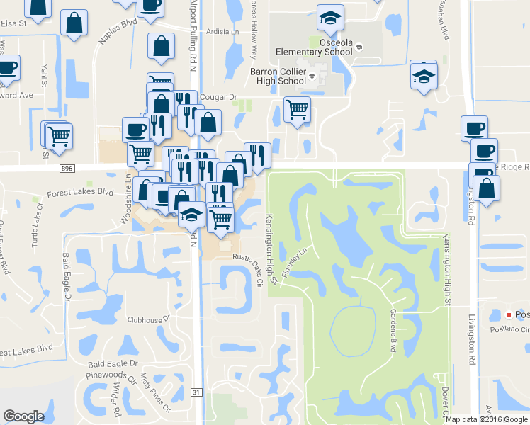 map of restaurants, bars, coffee shops, grocery stores, and more near 5222 Kensington High Street in Naples