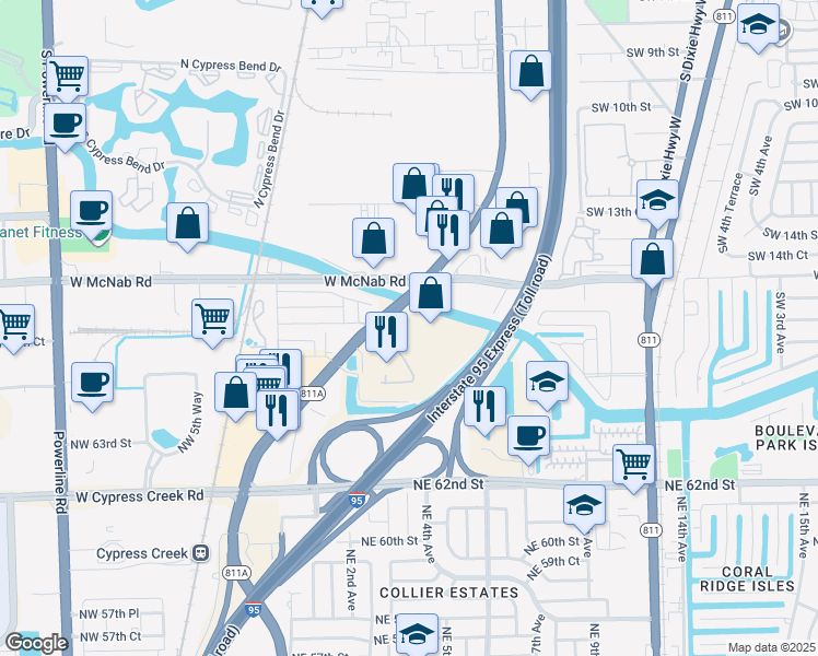 map of restaurants, bars, coffee shops, grocery stores, and more near 6700 North Andrews Avenue in Fort Lauderdale