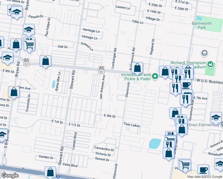 map of restaurants, bars, coffee shops, grocery stores, and more near 2000 East U.S. Business 83 in Mission