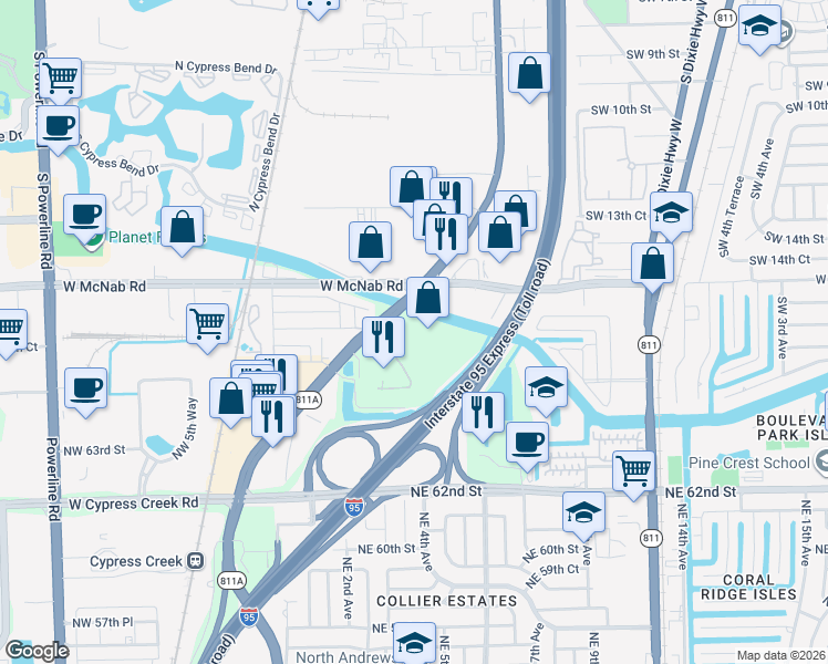 map of restaurants, bars, coffee shops, grocery stores, and more near 6700 North Andrews Avenue in Fort Lauderdale