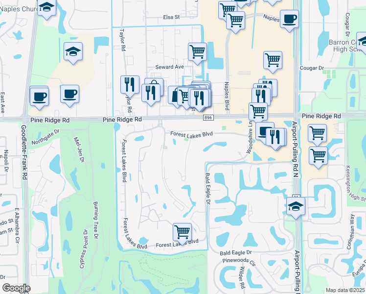 map of restaurants, bars, coffee shops, grocery stores, and more near 100 Forest Lakes Boulevard in Naples