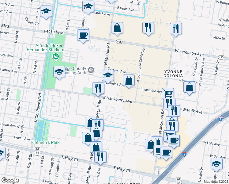 map of restaurants, bars, coffee shops, grocery stores, and more near 901 East Hackberry Avenue in McAllen