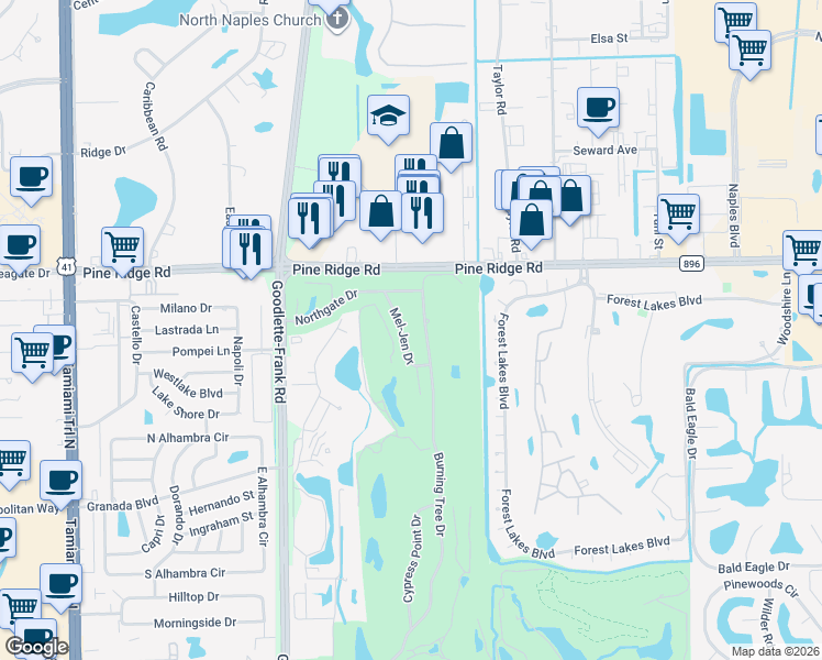 map of restaurants, bars, coffee shops, grocery stores, and more near 328 Mel-Jen Drive in Naples