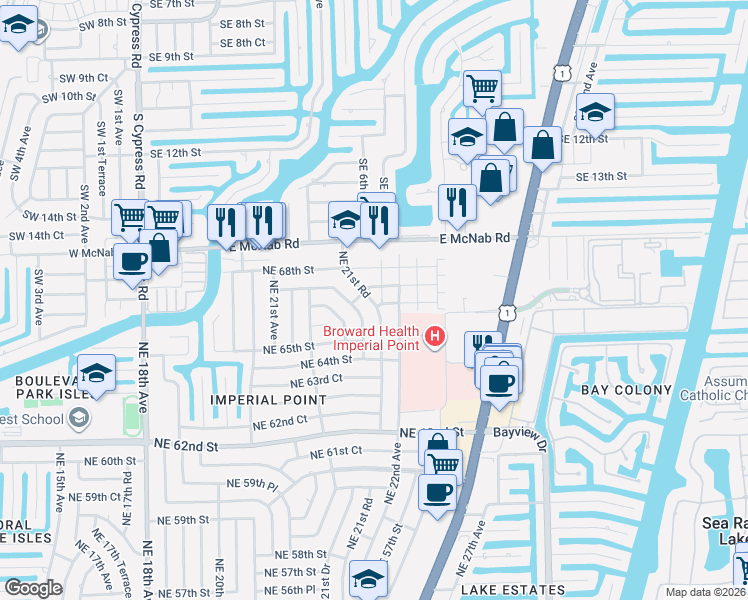 map of restaurants, bars, coffee shops, grocery stores, and more near 2156 Northeast 67th Street in Fort Lauderdale