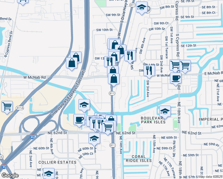 map of restaurants, bars, coffee shops, grocery stores, and more near 1631 South Dixie Highway in Pompano Beach