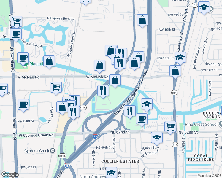 map of restaurants, bars, coffee shops, grocery stores, and more near 6700 North Andrews Avenue in Fort Lauderdale