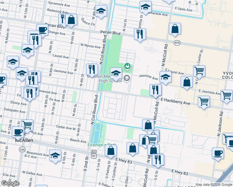 map of restaurants, bars, coffee shops, grocery stores, and more near 129 East Hackberry Avenue in McAllen