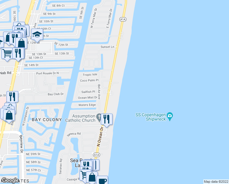 map of restaurants, bars, coffee shops, grocery stores, and more near 1700 South Ocean Boulevard in Pompano Beach