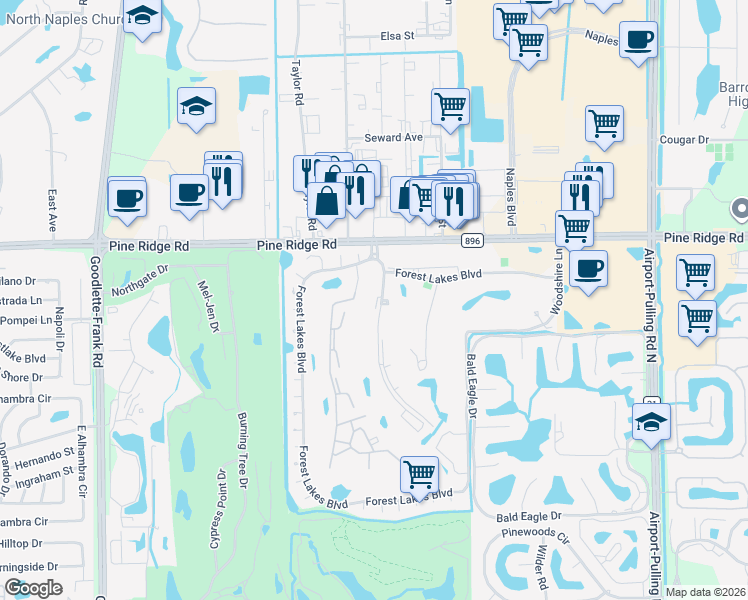 map of restaurants, bars, coffee shops, grocery stores, and more near 151 Quail Forest Boulevard in Naples