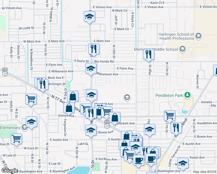 map of restaurants, bars, coffee shops, grocery stores, and more near 1810 Swan Lane in Harlingen