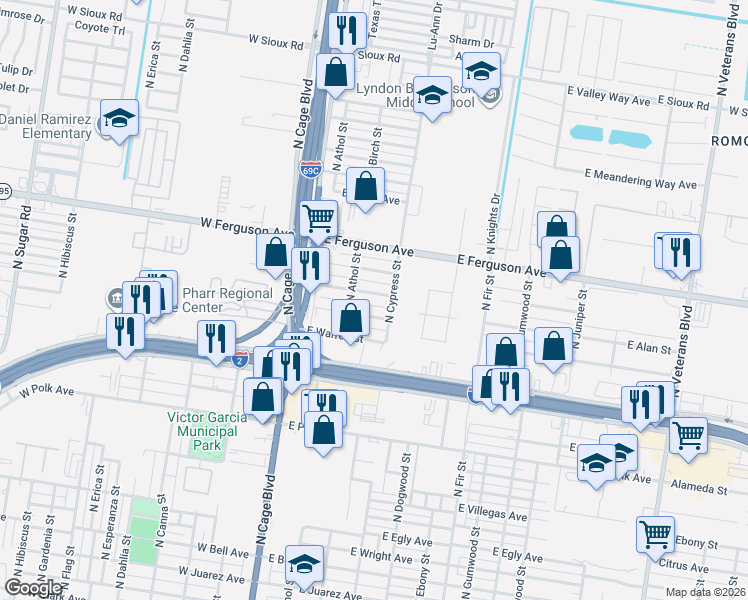 map of restaurants, bars, coffee shops, grocery stores, and more near 221 East Butler Street in Pharr